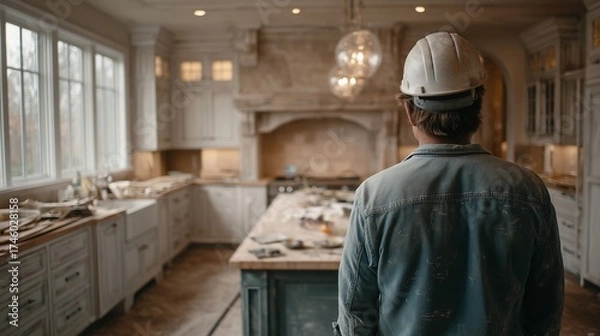 Fototapeta Construction worker in the kitchen