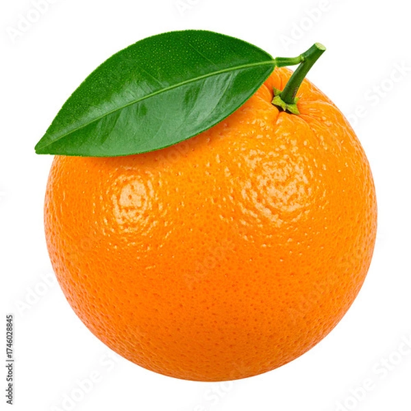 Fototapeta Vibrant, close-up image of a single orange with a green leaf, against a black background