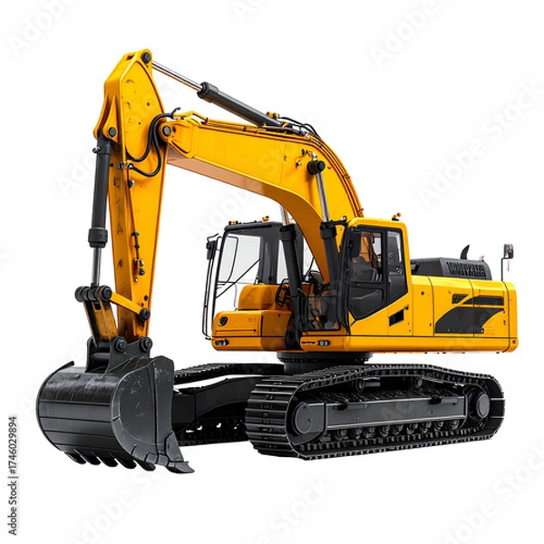 Obraz A large yellow earthmoving machine with tracks and a bucket, isolated on black