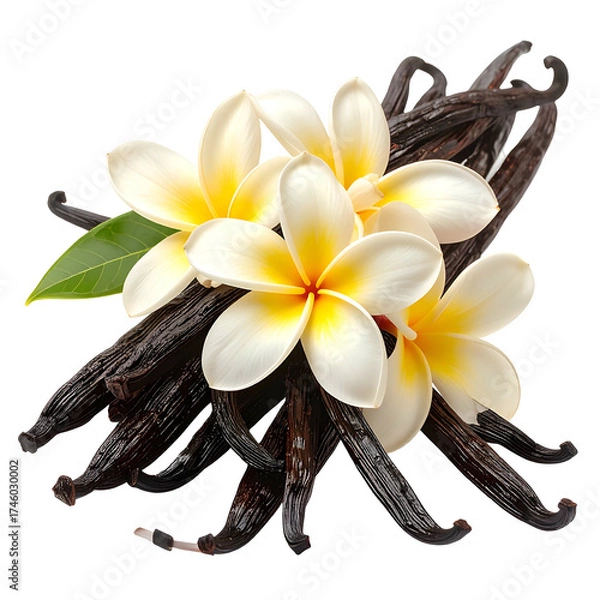 Fototapeta Aromatic vanilla beans paired with fragrant, cream-colored tropical flowers