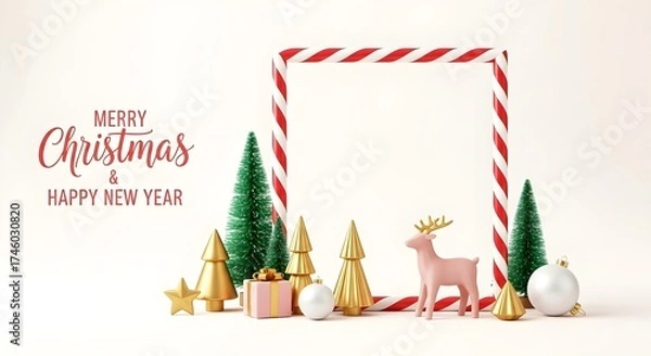 Obraz **Best SEO Title for Adobe Stock:**
Minimalist Christmas and New Year Greeting Scene with Candy Cane Frame, Gold Trees, and Reindeer Decoration
