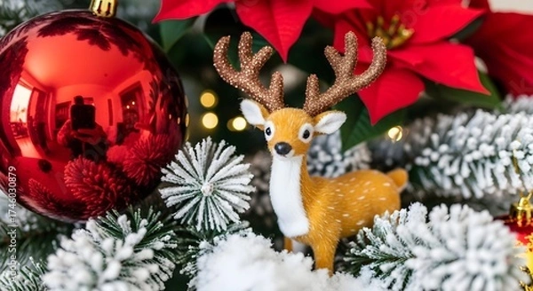 Obraz A Christmas Reindeer Ornament with Red Bauble and Poinsettia on Snowy Tree 