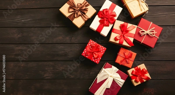 Obraz Luxury Christmas Gift Boxes with Red and Gold Ribbons on Wooden Background a Elegant Holiday Presents and Festive Packaging Concept
