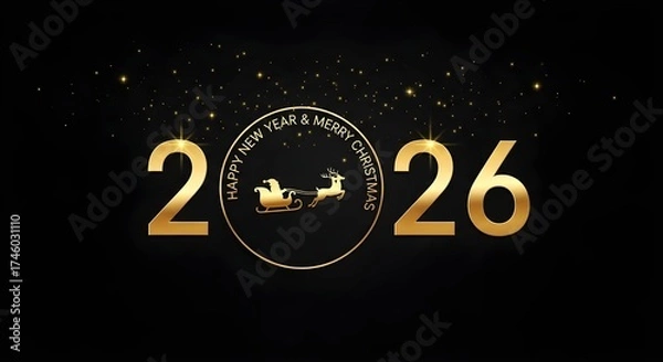 Obraz A Golden 2026 Happy New Year and Merry Christmas Greeting Card with Sparkling Lights on Black Background