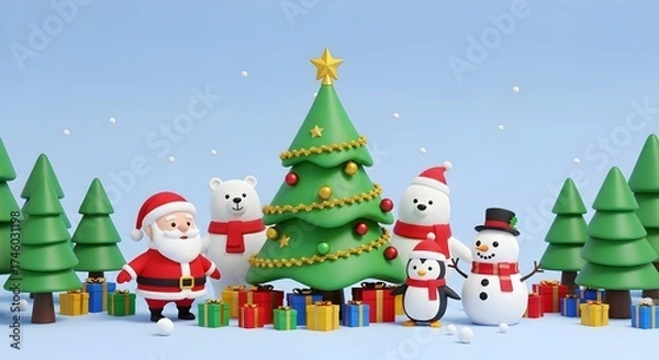 Obraz 3D Christmas Scene with Santa Claus, Snowman, Polar Bears, Penguin, and Christmas Tree with Gifts in Winter Wonderland