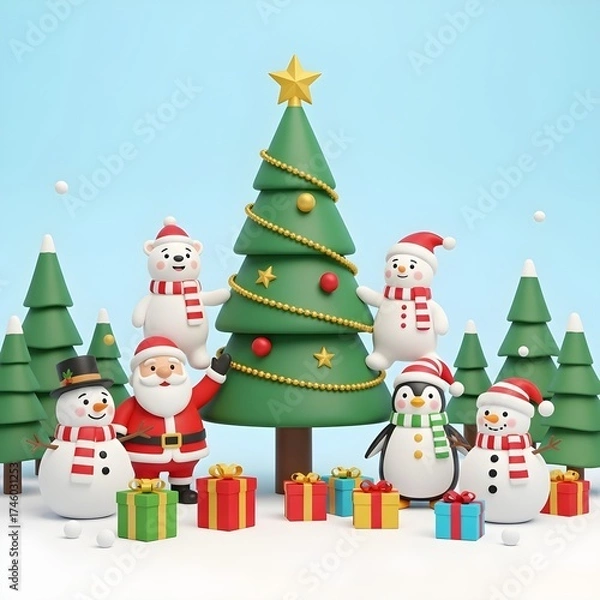Obraz A 3D Christmas Scene with Santa Claus, Snowman, Polar Bears, Penguin, and Christmas Tree with Gifts in Winter Wonderland