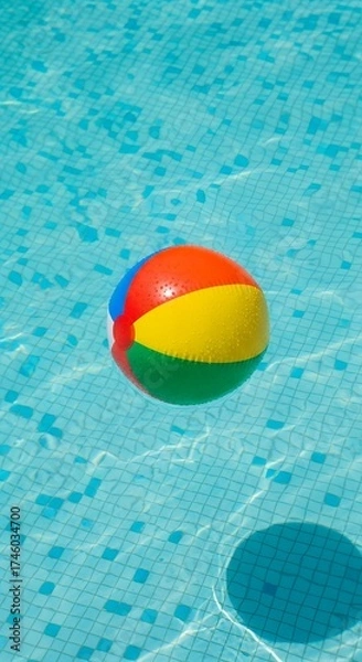 Obraz A colorful beach ball floats on the surface of a bright blue swimming pool.