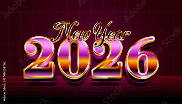 Fototapeta Retro futuristic New Year 2026 banner design with vibrant purple and gold metallic typography