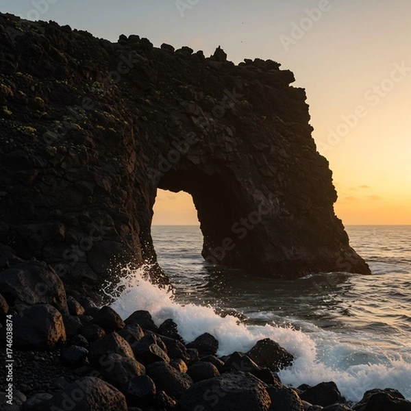 Obraz Dramatic Sea Arch at Sunset with Crashing Waves.