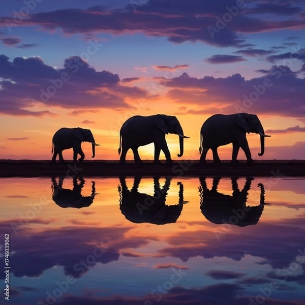 Obraz Elephants Silhouetted Against a Dramatic Sunset Reflected in Water.