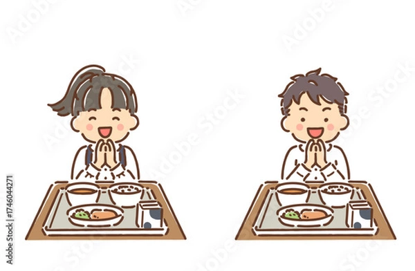 Obraz 給食を食べようと手を合わせている小学生の男の子と女の子セット