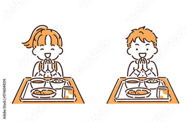 Obraz 手を合わせて給食を食べようとしている小学生の男の子と女の子セット