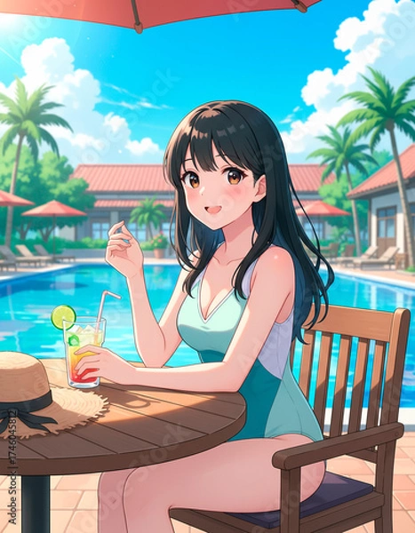 Fototapeta リゾートホテルのプールサイドカフェで寛ぐ女性