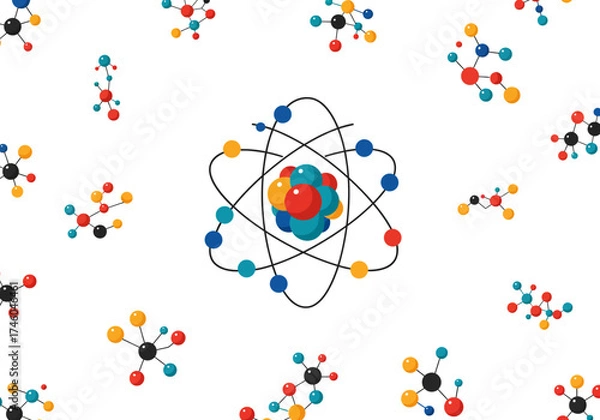 Obraz Colorful Atom and Molecule Pattern on White Background.