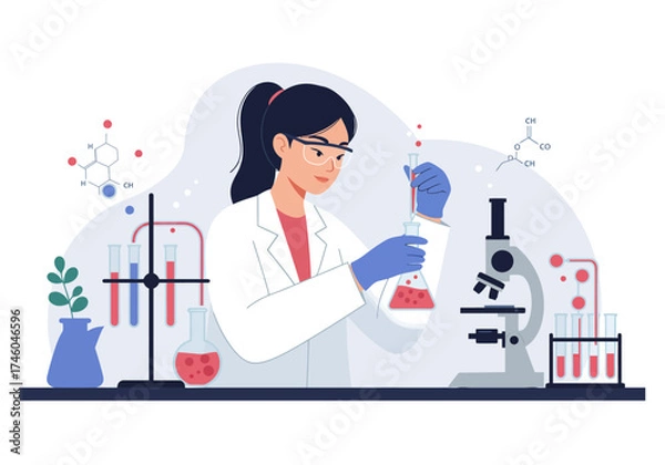 Obraz Scientist in Lab Coat Conducting Experiment with Flask.