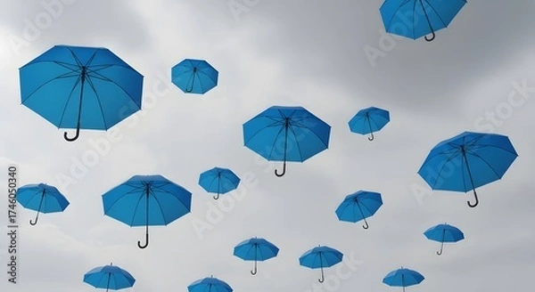 Fototapeta Many blue umbrellas floating in the sky