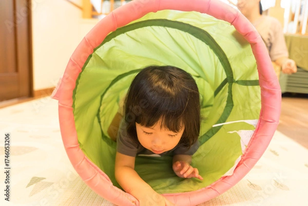 Fototapeta トンネルの遊具で遊ぶ女の子の幼児