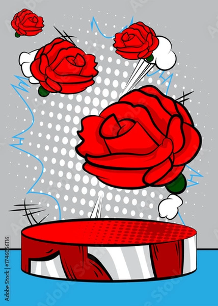 Fototapeta Comic Book Product podium stage for mockup presentation with Red Rose. Retro comics background.