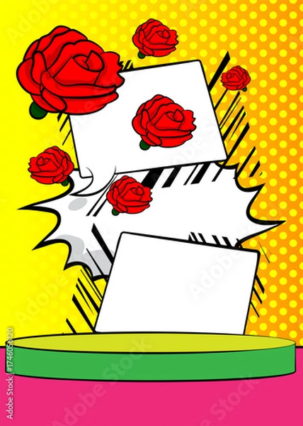 Fototapeta Comic Book Product podium stage for mockup presentation with Red Rose. Retro comics background.