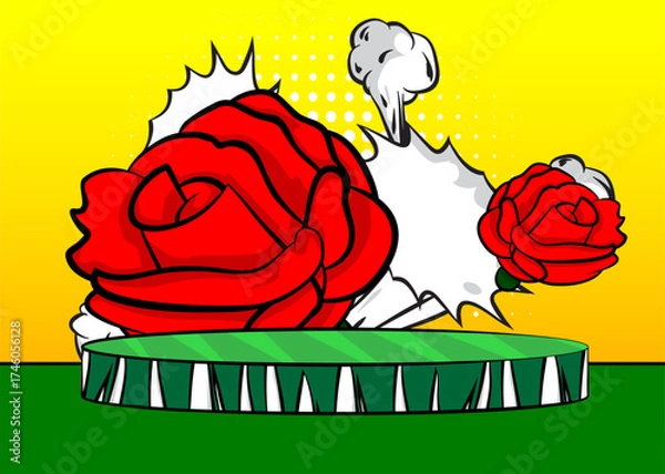 Fototapeta Comic Book Product podium stage for mockup presentation with Red Rose. Retro comics background.