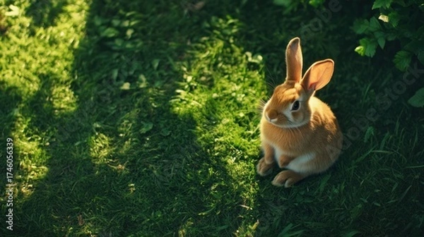 Obraz Sunny Garden Rabbit Sitting, Green Grass, Shadowy Background, Easter