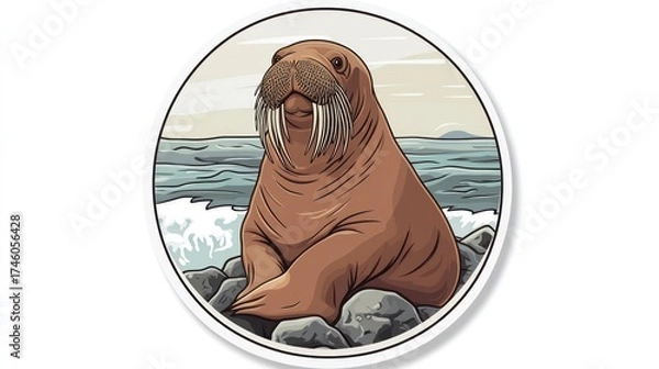Obraz Arctic walrus resting ocean rocks sticker design