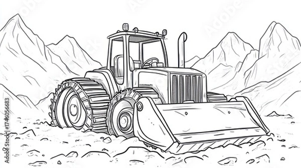 Obraz Mountain Tractor Digging Rocks, Construction Illustration