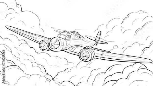 Obraz Vintage plane flying above clouds; illustration