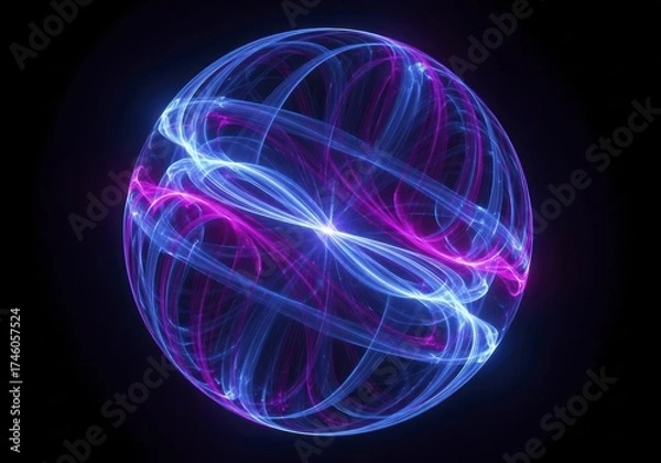 Obraz Dynamic Luminous Energy Sphere with Intertwining Blue and Pink Light Trails, Isolated on a Dark Background