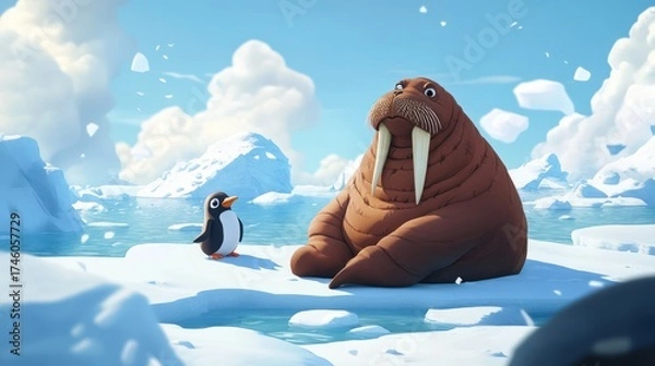 Obraz Arctic walrus penguin cartoon iceberg background animation