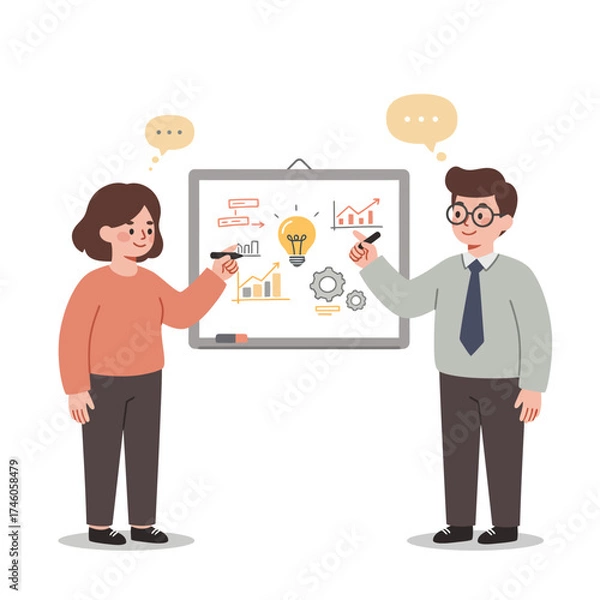 Fototapeta Two professionals discussing ideas in front of a presentation board with graphs and concepts.