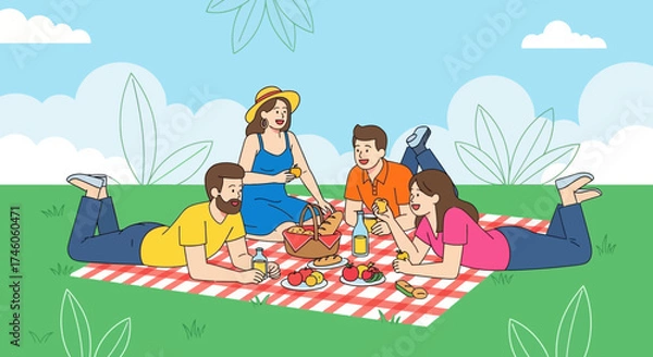 Fototapeta Group of friends enjoying a picnic in the park on a sunny day together relaxing