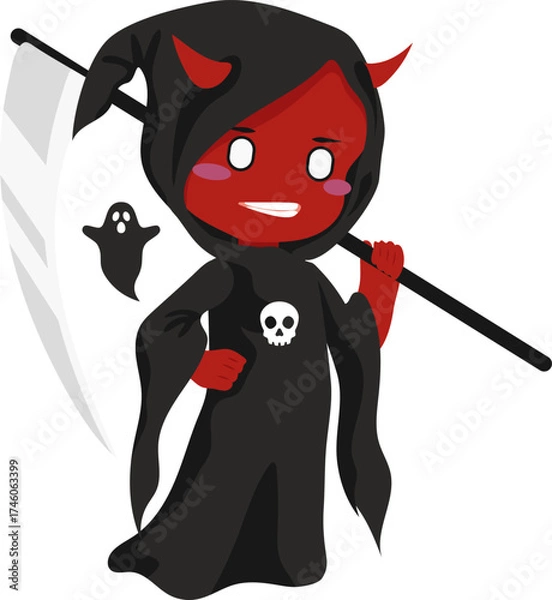 Fototapeta Cartoon Devil with Scythe and Ghost Illustration
