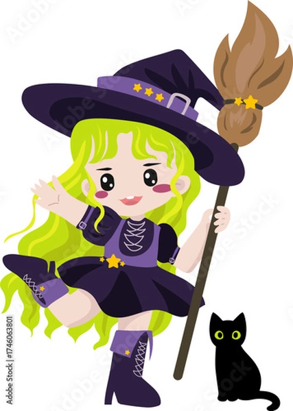 Fototapeta Cute Witch Cartoon Character with Broom