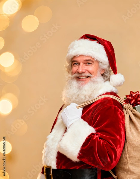 Fototapeta Cheerful Santa shoulders a burlap gift sack on warm bokeh