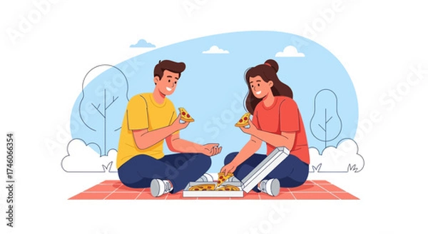 Fototapeta Happy couple enjoying pizza on a picnic blanket in the park illustration