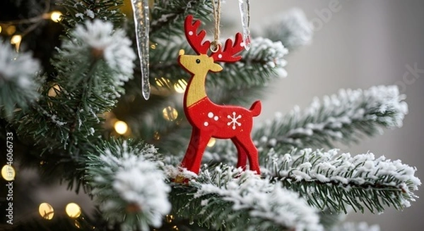 Obraz Seasonal Christmas tree decorations featuring a red ribbon and ornaments for the winter holiday celebration