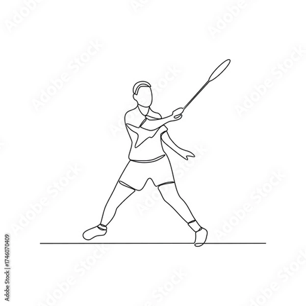 Fototapeta One continuous line drawing of badminton illustration. Badminton is a racquet sport played using racquets to hit a shuttlecock across a net. Sport theme design vector concept.
