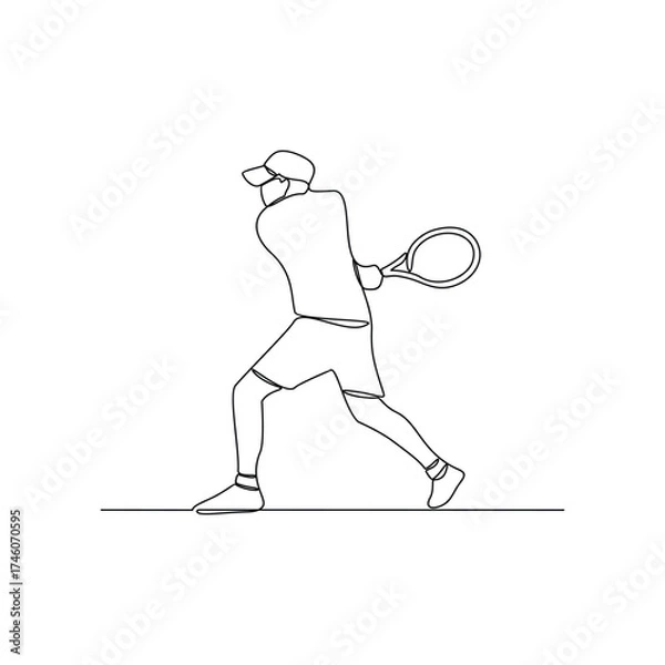 Fototapeta One continuous line drawing of tennis illustration. Tennis player uses a tennis racket strung with a cord to strike a hollow rubber ball covered with felt. Sport theme design vector concept.