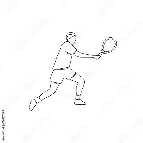 Fototapeta One continuous line drawing of tennis illustration. Tennis player uses a tennis racket strung with a cord to strike a hollow rubber ball covered with felt. Sport theme design vector concept.