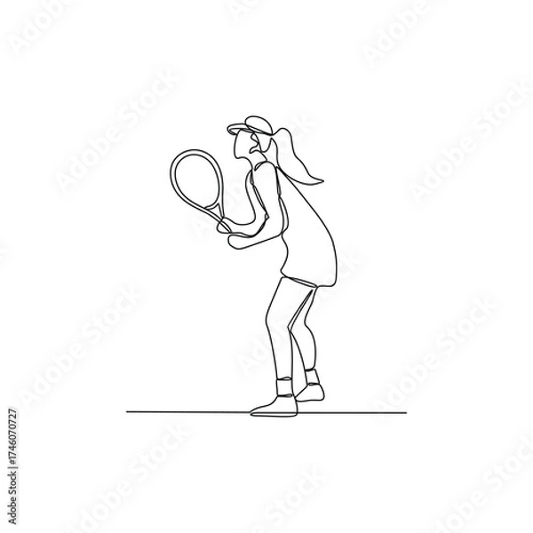 Fototapeta One continuous line drawing of tennis illustration. Tennis player uses a tennis racket strung with a cord to strike a hollow rubber ball covered with felt. Sport theme design vector concept.