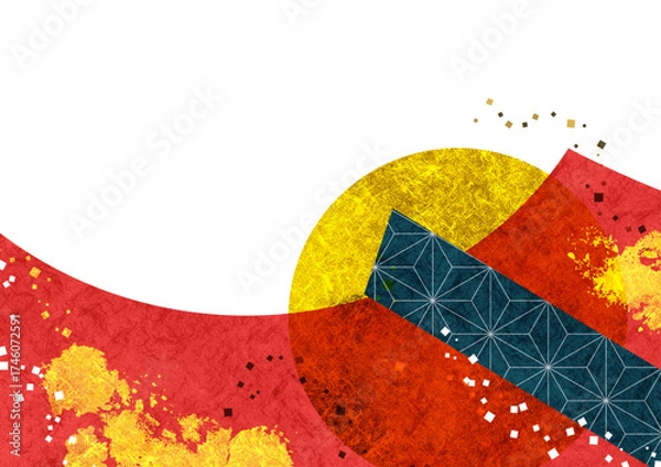 Obraz 和紙と金箔の抽象的な背景フレーム 和風テクスチャパターンと筆の飾り枠