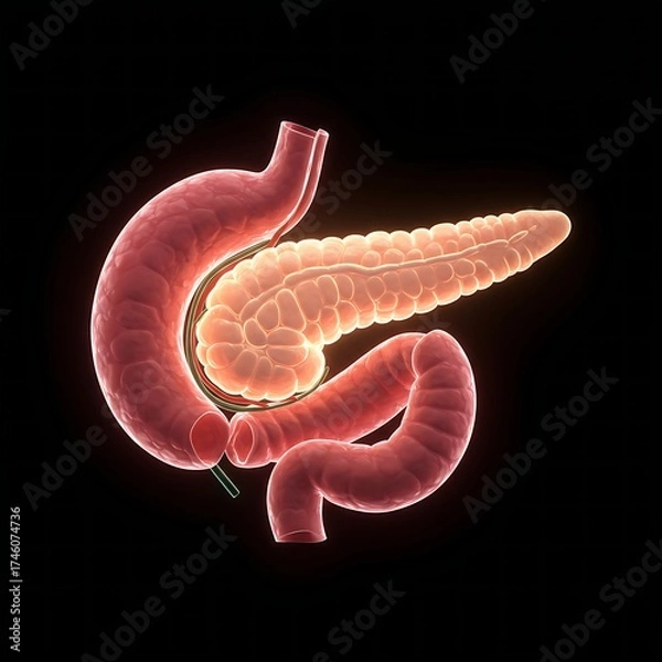 Fototapeta  pancreas, featuring a soft, ethereal glow. The image emphasizes the organ's intricate structure, with different light intensities highlighting its various parts. 