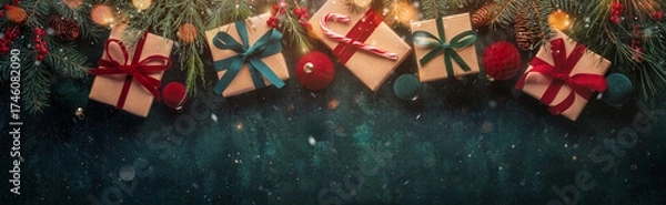 Fototapeta Dark blue Christmas background with gift boxes and fir branches.Merry Christmas.Happy new year banner