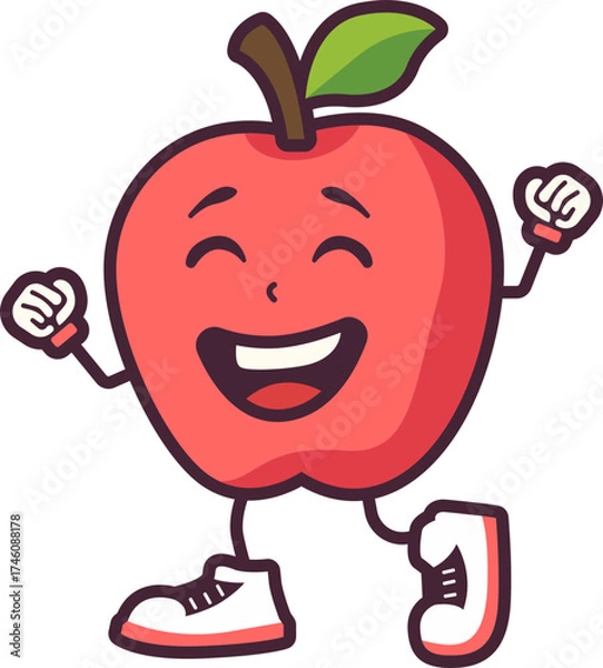 Fototapeta Excited Apple Mascot with Sneakers and Fists in the Air