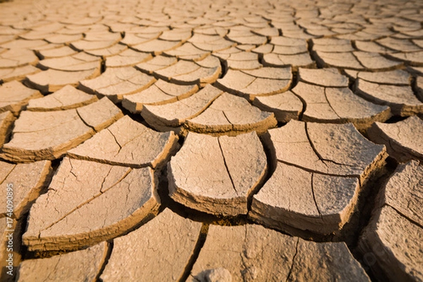 Obraz 8K ultra-realistic close-up photo of cracked dry earth in drought area, sharp textures, harsh sunlight