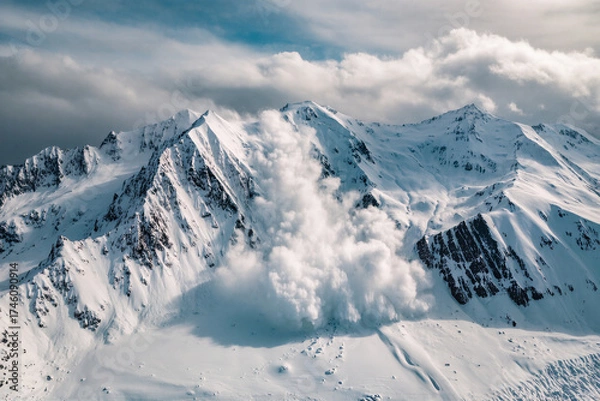 Obraz 8K ultra-realistic wide photo of avalanche rushing down snow mountain with sharp snow details and dramatic cloudy sky