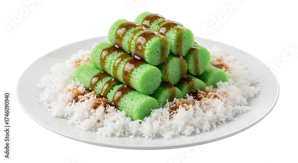 Obraz A traditional Indonesian dessert, 'Kue Putu Bambu' or similar, served on a round white ceramic plate
