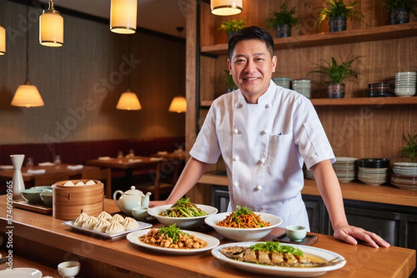 Obraz 8K ultra-realistic photo of restaurant owner smiling behind counter with fresh dishes displayed in cozy interior with warm lighting, sharp details