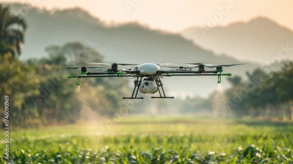Fototapeta Drone over the green lush farmland field spraying crops. New technology used in agriculture